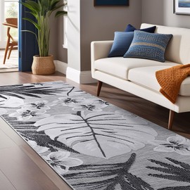 LuuL Home Floral Indoor Outdoor Runner Rugs 2x7 Entryway Rug, Kitchen, Hallway Rug Washable Stain Resistant Outside Carpet Gray 2 x 7