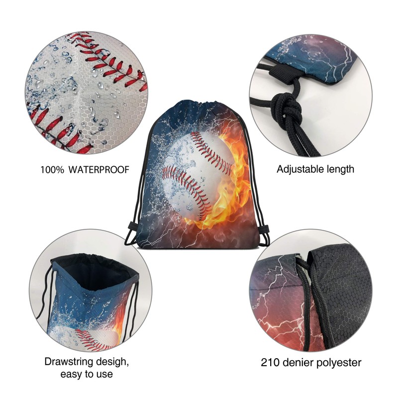 Richugui Cool Pattern Fire Baseball Waterproof Gym Drawstring Bag, Sports