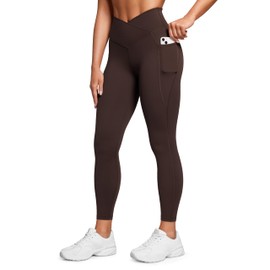 CRZ YOGA Butterluxe Womens Crossover Waist Workout Leggings with Pockets 25" - V Cross High Waist Gym Lounge Yoga Pants Hot Fudge Brown Small