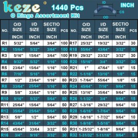 Keze 32 Size 1440 Pcs Rubber O Rings Assortment Kit w/ Pick and Hook Set - 4mm-50mm