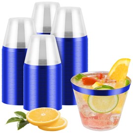 100pcs Blue and Clear Plastic Cups, 9oz Plastic Cups Blue Rimmed Disposable Cocktail Glasses Fancy Disposable Cup Drinking Tumblers Shot Cup for Wedding Party