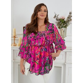 Plus Size Tops for Women Work Square Neck Shirts Oversized Tops 3 4 Flowy Peplum Ruffle Sleeve Elastic Waist Aline Fit and Flare Dressy Casual 2025 Fall Fashion Clothing Pink Green Leaf 4XL