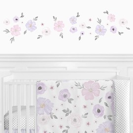 Sweet Jojo Designs Purple and Grey Watercolor Floral Peel and Stick Wall Decal Stickers Art Nursery Decor - Set of 4 Sheets - Lavender, Pink, Gray and White Rose Flower