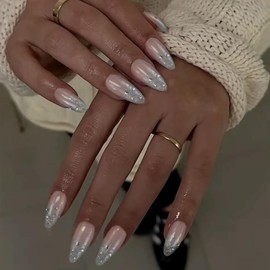 IQXGE White Acrylic Press on Nails Almond Medium Acrylic Nails Press Ons Full Cover Glue on Fake Nail with Rhinestones Designs Silver Glitter Artificial Stick on False Nail for Women and Girls