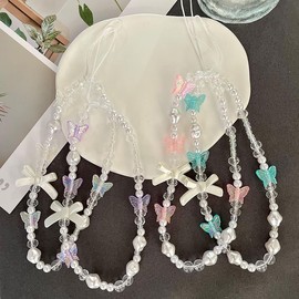 Beaded Phone Charm Strap Mobile Lanyard Wrist Strap Creative Bowknot Pearl Beads Phone Chain Cellphone Strap Hanging Cord Anti-lost Chain Cell Accessories for Women Girls, Car Keychain