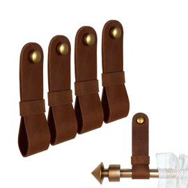 4 Pc Minimalist Design Leather Curtain Rod Bracket - Easy to Install Set of Universal Wall Hanging Strap Curtain Rod Holders with Screws and Plastic Wall Plugs - 4.8" x 1.2" (Cognac)