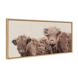 Kate and Laurel Sylvie Two Highland Cow Best Friends Color Neutral Linen Bright Framed Canvas Wall Art by The Creative Bunch Studio; 18x40 Natural; Wide Farm Animal Portrait Art for Wall