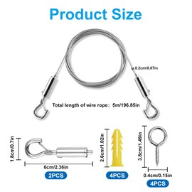 Wire Rope Trellis Set, 5 m Stainless Steel Wire Rope, Wire Rope with 2 Hooks and 4 Screws, Adjustable Steel Rope Rope Hanging, Curtain Wire Rope, Picture Hanging Rope, for Curtains, Pictures, Lamp