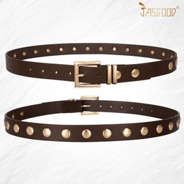 JASGOOD Women Fashion Leather Belt Ladies Studded Belt Gold Buckle Punk Leather Belt for Jeans Pants Dresses