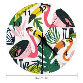 Tropical Toucans Pink Flamingos And Palm Leaves Wood Clock Tropical Palm Tree Parrot Toucan Bird Summer Design Wooden Decorative Silent & Non-Ticking Home Office Arabic Numeral 12 Inch Round Wall Antique