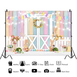 Chloroplastid Colorful Easter Backdrop with Spring Flowers, Easter Bunny Rabbits, Eggs - Vinyl, 10x8FT, Pink Blue Yellow