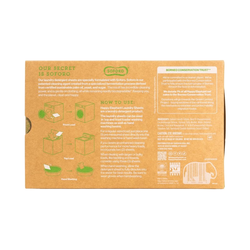 Happy Elephant Laundry Detergent Sheets, Fragrance Free, Natural Biodegradable Laundry