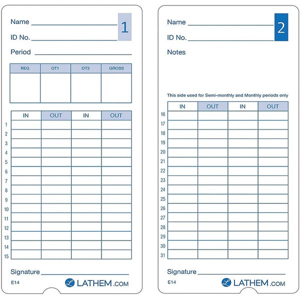 Lathem E14-100 Pack of 100 Time Cards, 2-Sided, for use