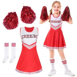 Cheerleader Costume Children, Cheerleading Outfit Girls, Costume Pompom Girl, Girls' Cheerleader Costume, Cheerleading Uniform with 2 Pompoms and 2 Socks, for Carnival Masquerade Theme Party (140)