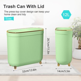 Aupekro Bathroom Trash Can with Lid, 3.1 Gallon Slim Trash Bin, 12 Liter Small Rectangular Trash Can, Plastic Narrow Garbage Can with Press Type Lid for Living Room, Bedroom, Office (Green)