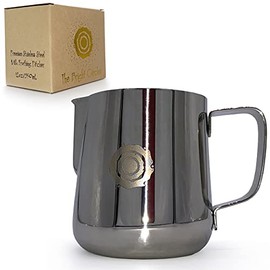Bright Stainless Steel Milk Frothing Pitcher With Scale 12oz/350ml | Small Milk Frother Jug | Measuring Cup| Perfect for One Serving Espresso, Matcha, Irish Coffee | Good Vibes Logo