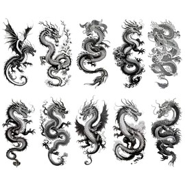 Konsait 10 láminas de tatuajes temporales realistas para hombres y mujeres, tatuajes falsos de dragones de Oriente y Occidente de gran tamaño para medio brazo, ideales para fiestas, maquillaje, festiv
