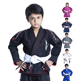 Vector Sports 100% Cotton Pearl Weave Kids Brazillian Jiu Jitsu BJJ Gi Attila Series Kimono Lightweight Preshrunk Fabric with Free White Belt (Black, K2)