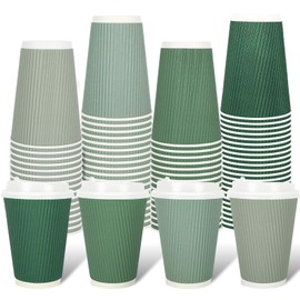 Whaline 100Pcs Sage Green Disposable Coffee Cups with Lids 12oz Gradient Green Paper Cups Corrugated Ripple Wall Insulated Hot Cups for Home Office Party Supplies