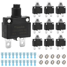Tiooka 5Amp Thermal Circuit Breaker Assortment Kit Push Button Manual Reset 125/250V AC 32V DC Quick Connect Terminals Waterproof Button Caps for Overload Protection Applications 10Pcs