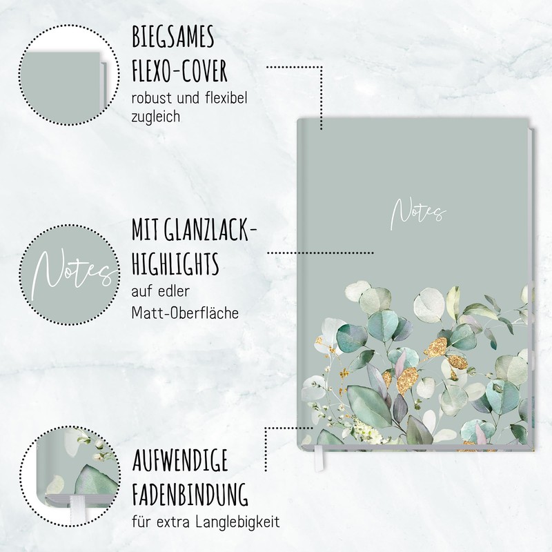 Trendstuff by Häfft A5 Lined Notebook [Minty Leaves] 124 Pages,