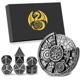 DND Metal Dice Set, 7-in-1 Gear Wheel Dice Spinner + 7-Piece Polyhedral Metal DND Dice Set, D&D Gifts with Dragon Logo Gift Box, Table Games, Role Playing Board Game Accessories, Silver
