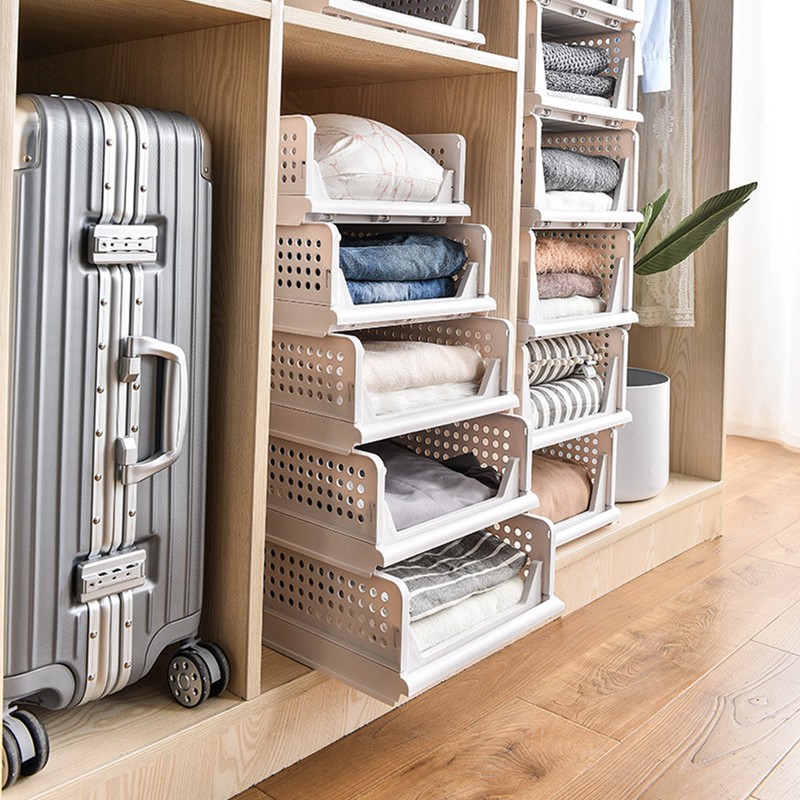 Stackable Storage Basket Plastic Large Open Drawer Wardrobe Cloth Container