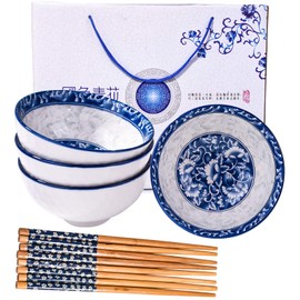 BOSILI Chinese Blue and White Ceramic Rice Bowls and Chopsticks Set of 4 for Soup Snack (4 Pieces)