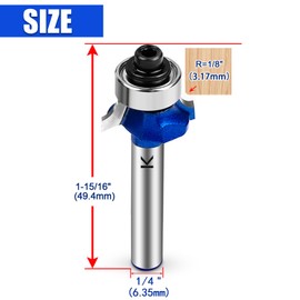 NICAVKIT 1/8" Radius Roundover Router Bit 1/4 Inch Shank, Carbide Tip 2 Flutes Rounding Over Edge Forming Router Bit with Bearing Guide CNC Woodworking Tool