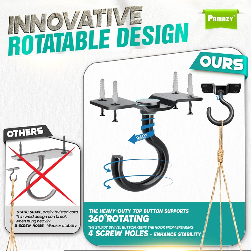 [Upgraded] 8Pcs 200LBS Rotatable Ceiling Hooks with 4 Screw Points