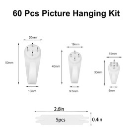 HRLORK 60 Pcs Picture Hanging Kit Assorted Picture Hanging Hooks Non-Trace Picture Hooks Hard Wall Drywall Picture Hanger Hook Set for Fixing Picture Photo Frame