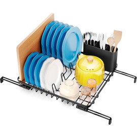 Urackify Over The Sink Dish Drying Rack, in Sink Dish Rack with Expandable Feet, Small Inside Sink Dish Drainer, Home Plate Dryer Storage Rack with Cutlery Holder, Black