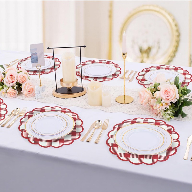 60Pcs Red Checkered Paper Placemats 13.5 Inch Scalloped Round Disposable