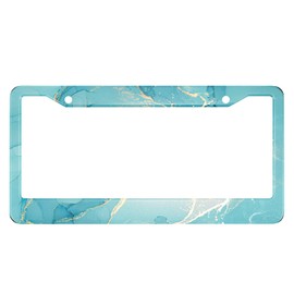 Swono Alcohol Ink Teal License Plate Frame Abstract Blue and Golden Glitter Marble License Plate Cover Aluminum Metal License Plate Holder Frame for Women Men Auto Decoration for US Car/Truck
