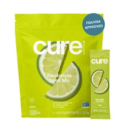 Cure Hydration | Plant-Based Electrolyte Drink Mix | No Added Sugar | FSA-HSA | Dehydration Relief Powder Made with Coconut Water | Non-GMO | Vegan | Pouch of 14 Packets - Lime