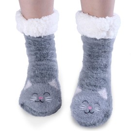 Jeasona House Socks Women's Winter Non-Slip Hut Socks Women's Warm Thick Fluffy Socks Gifts for Women Christmas, Grey cat