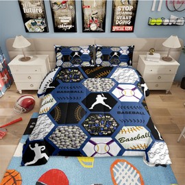 Erosebridal Sports Comforter King Size,Baseball Bedding for Kids Boys,Baseball Player Comforter Sets,Vintage Ball Patchwork Honeycomb Duvet Insert with 2 Pillowshams Lightweight Warm