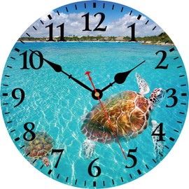TAHEAT 14 Inch Turtle Underwater Wall Clock, Silent Non Ticking Nautical Sea Round Clocks, Battery Operated Easy to Read Wall Clock for Living Room Kitchen Bathroom Office