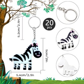 Luccyle Pack of 20 Forest Animal Key Chains, Cartoon Animal Keyrings, Key Fobs for Children, Children's Birthday Party Bag (Zebra)
