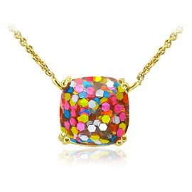 Sea of Ice Gold Flashed Sterling Silver Faceted Multi Color Glitter 10mm Square Cushion Cut Pendent Necklace for Women, 18 inch