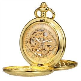 TREEWETO Pocket Watch Skeleton Hand-Wind Mechanical Double Case Black Roman Numerals Antique with Fob Chain Box