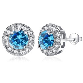 MASOP Stud Earrings 925 Silver Birthstone Earrings Round Cubic Zirconia Jewellery Gifts for Women Ladies Girls Birthday, Sterling Silver, Cubic Zirconia