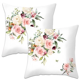 Betadistor Set of 2 Cushion Covers 45x45 cm White with Flowers Print Decorative Throw Pillow Covers Square Cushion Case Home Decor Pillowcases for Couch Sofa Living Room Bed, Flowers, 502-0028