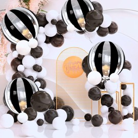 7 Pack Black and Silver Balloons, 22 Inch Large Round Black and Silver Party Balloons Decorations, 4D Black and Silver Stripe Mylar Foil Balloons for Black and Silver Birthday Party Decorations