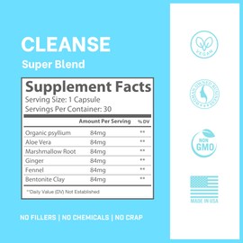 No Crap In It Cleanse Super Vitamins Relieve Water-Weight, Digestive Stress, and Support Detox with Organic Psyllium, Aloe Vera, Marshmallow Root, Ginger, Fennel, and Bentonite Clay- 30 Capsules