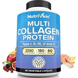Nutrivein Premium Multi Collagen Pills 2250 mg - 180 Easy-to-Swallow Collagen Capsules: Type I, II, III, V, X Hydrolyzed Protein Peptides for Women and Men - Aging, Joints, Hair, Skin, Bones, & Nails