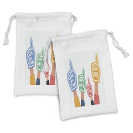 Lunarable Funny Fabric Pouch Set of 2, Hands Wearing Number Fan Go Written Foam Finger Gloves Cartoon Style Image, Small Drawstring Bag for Toiletries Masks and Favors, 9" x 6", Multicolor