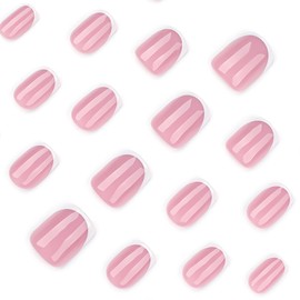 24 Pcs Pink Press On Nails Short Square,YEFIUO Summer Refreshing Fake Nails Press ons Nail Art Tip Acrylic Nail Kit Glue on Nails Full Cover False Nail with White French Glossy Design for Ma'am