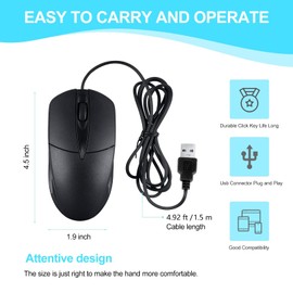 SUNYIWJIE 10 PCS Black Wired Computer Mouse Bulk USB 1000 DPI 3 Button Corded Mouse with Home Office Noiseless Simple USB Mouse for Computer Laptop Desktop PC