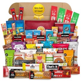 Snack Squad Keto Low-Carb High-Protein Diet Snack Variety Gift Pack 52 count for adults, Bulk Box - High Protein, Low Carb Snack for Adults with Popular Meat Beef Jerky, Cheese Crisps, Pork Rinds, Nuts and Seeds, Protein Bars, Low-Carb and Low-Sugar Sweets and Much More - Healthy Food Boxes (Gold, 52, Count)